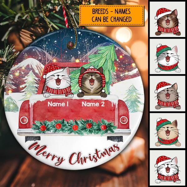 Personalised Merry Xmas Red Truck Circle Ceramic Ornament - Personalized Cat Lovers Decorative Christmas Ornament