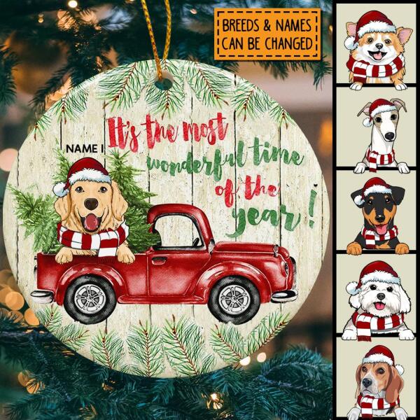 Most Wonderful Time Old Green Wooden Circle Ceramic Ornament - Personalized Dog Lovers Decorative Christmas Ornament