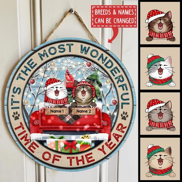 It's Most Wonderful Time Of The Year  - Red Truck - Letters Around - Personalized Cat Christmas Door Sign