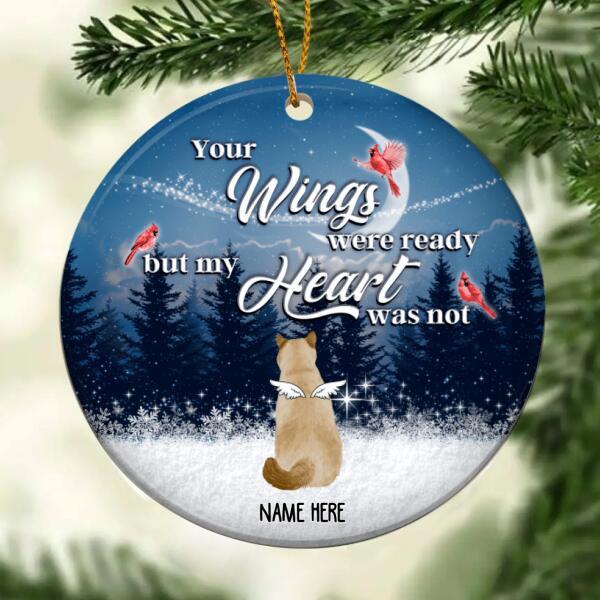 Your Wings Were Ready But My Heart Not Memorial Navy Circle Ceramic Ornament - Personalized Angel Cat Christmas Ornament