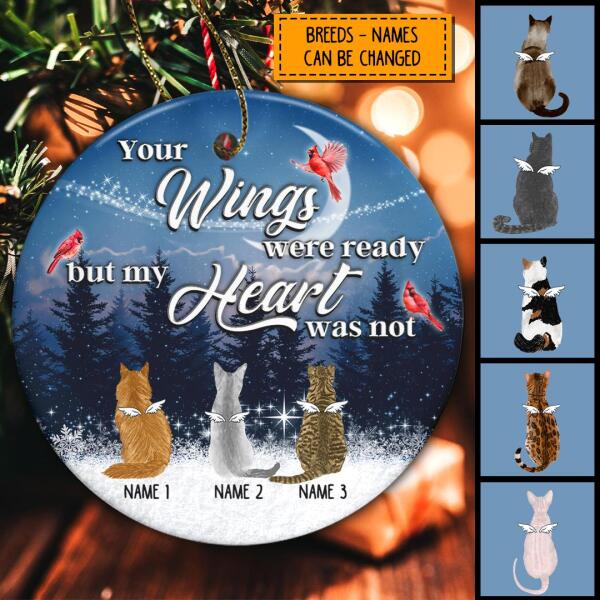 Your Wings Were Ready But My Heart Not Memorial Navy Circle Ceramic Ornament - Personalized Angel Cat Christmas Ornament
