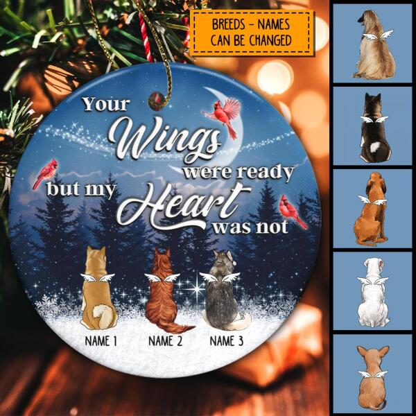 Your Wings Were Ready But My Heart Not Memorial Navy Circle Ceramic Ornament - Personalized Angel Dog Christmas Ornament