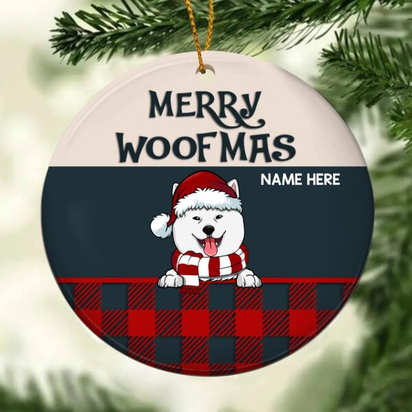 Personalised Merry Woofmas Red Plaid Circle Ceramic Ornament - Personalized Dog Lovers Decorative Christmas Ornament