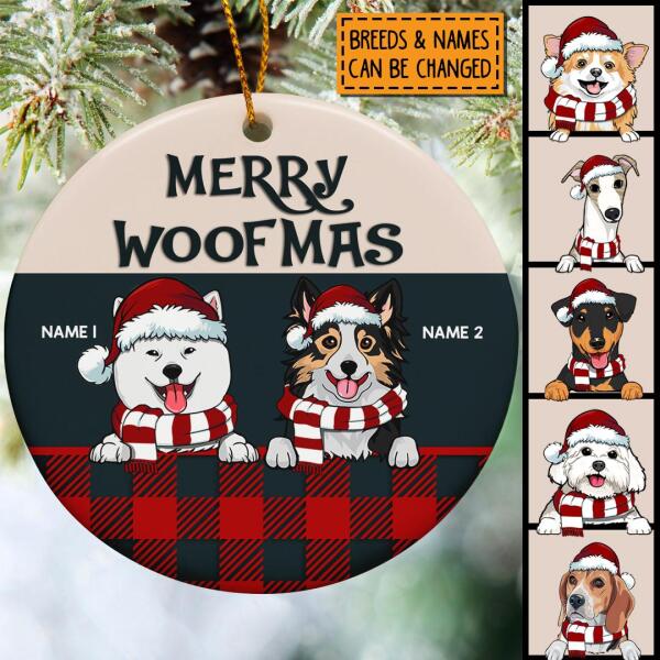 Personalised Merry Woofmas Red Plaid Circle Ceramic Ornament - Personalized Dog Lovers Decorative Christmas Ornament