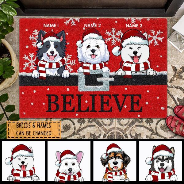Believe  - Santa's Belt - Red Background - Personalized Dog Christmas Doormat