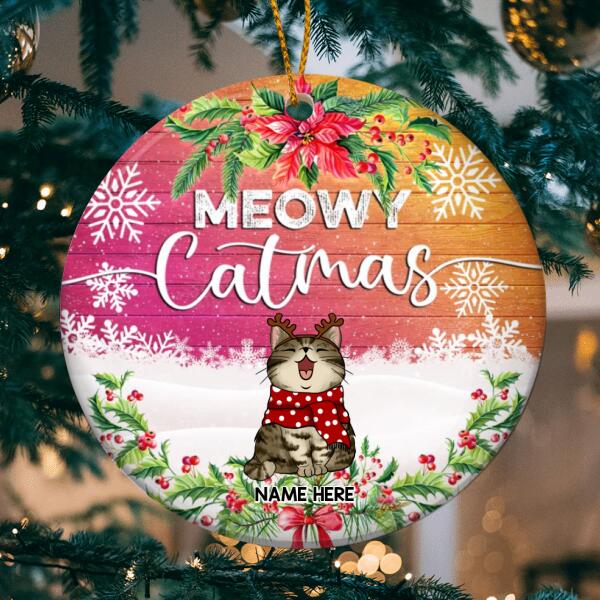 Meowy Catmas Pink & Yellow Fade Wooden Circle Ceramic Ornament - Personalized Cat Lovers Decorative Christmas Ornament