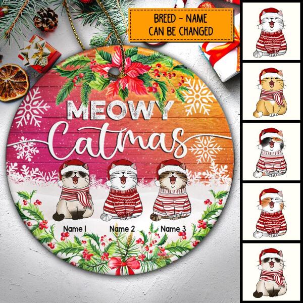 Meowy Catmas Pink & Yellow Fade Wooden Circle Ceramic Ornament - Personalized Cat Lovers Decorative Christmas Ornament