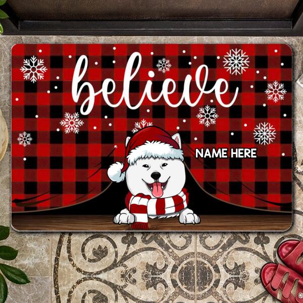 Believe - Red Plaid Mat - Personalized Dog Christmas Doormat