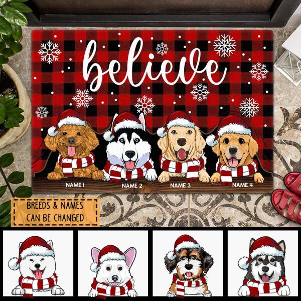 Believe - Red Plaid Mat - Personalized Dog Christmas Doormat