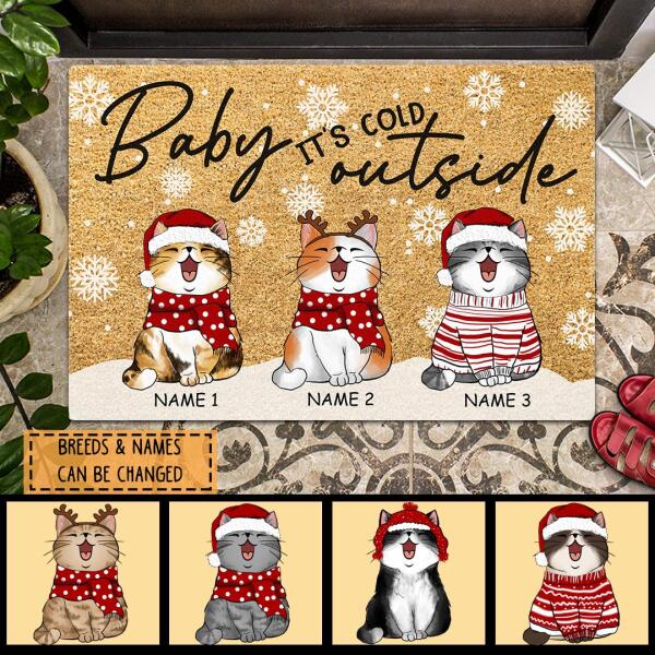 Baby It's Cold Outside - Pale Yellow Mat - Personalized Cat Christmas Doormat