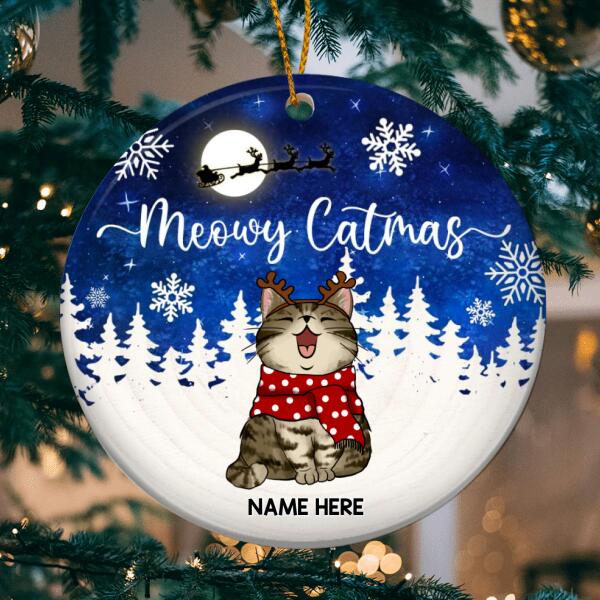Meowy Catmas White Pine Tree Blue Circle Ceramic Ornament - Personalized Cat Lovers Decorative Christmas Ornament