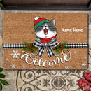 Welcome - Black & White Plaid Bow - Personalized Cat Christmas Doormat