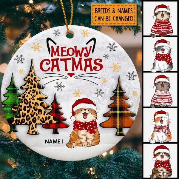 Meowy Christmas Plaid & Leopard Tree Circle Ceramic Ornament - Personalized Cat Lovers Decorative Christmas Ornament