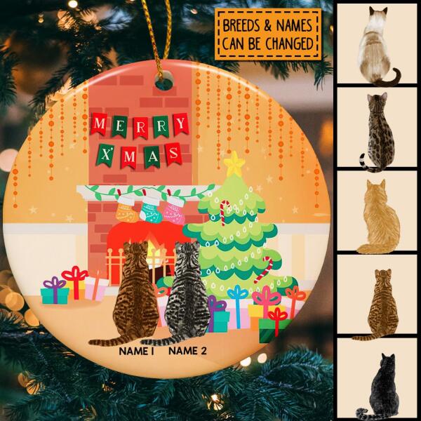 Personalised Merry Xmas Cat Back Orange Circle Ceramic Ornament - Personalized Cat Lovers Decorative Christmas Ornament