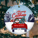 Meowy Catmas Red Truck Blue Tones Circle Ceramic Ornament - Personalized Cat Lovers Decorative Christmas Ornament