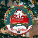 Merry Woofmas Red Truck Starry Night Circle Ceramic Ornament - Personalized Dog Lovers Decorative Christmas Ornament
