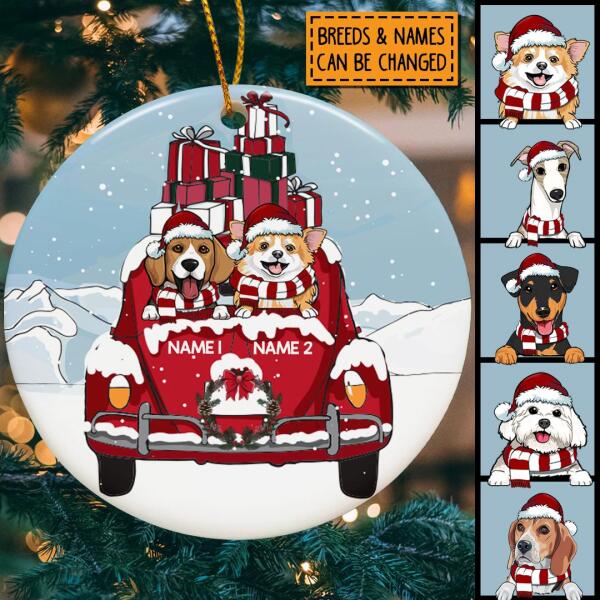 Personalised Dog On Red Truck Snowy Circle Ceramic Ornament - Personalized Dog Lovers Decorative Christmas Ornament