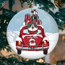 Personalised Cat On Red Truck Snowy Circle Ceramic Ornament - Personalized Cat Lovers Decorative Christmas Ornament