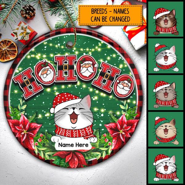 Ho Ho Ho Red Plaid Around Green Circle Ceramic Ornament - Personalized Cat Lovers Decorative Christmas Ornament