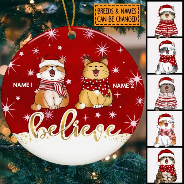 Personalised Believe Sparkle Red Circle Ceramic Ornament - Personalized Cat Lovers Decorative Christmas Ornament