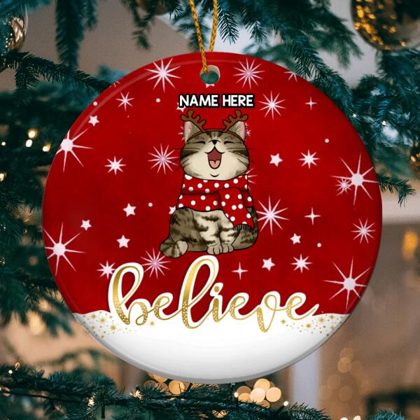 Personalised Believe Sparkle Red Circle Ceramic Ornament - Personalized Cat Lovers Decorative Christmas Ornament