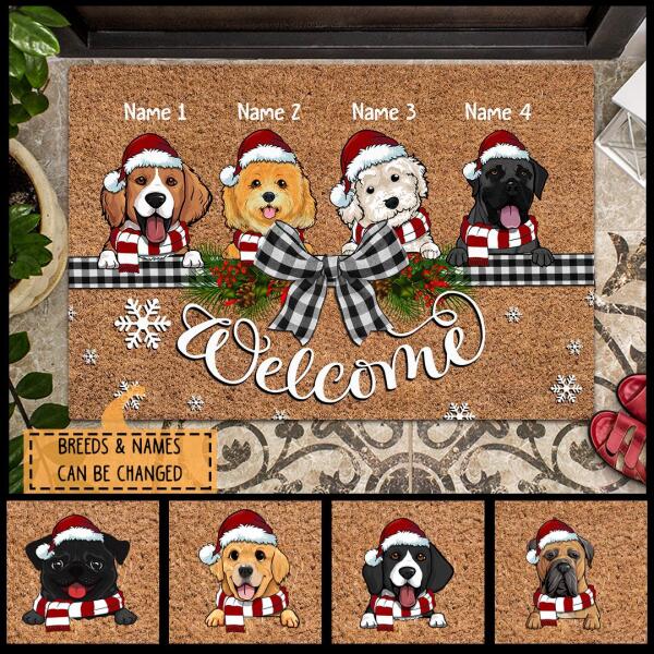 Welcome - Black & White Plaid Bow - Personalized Dog Christmas Doormat