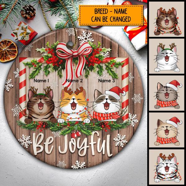 Personalised Be Joyful Xmas Frame Wooden Circle Ceramic Ornament - Personalized Cat Lovers Decorative Christmas Ornament