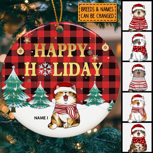 Personalised Happy Holiday Red Plaid Circle Ceramic Ornament - Personalized Cat Lovers Decorative Christmas Ornament