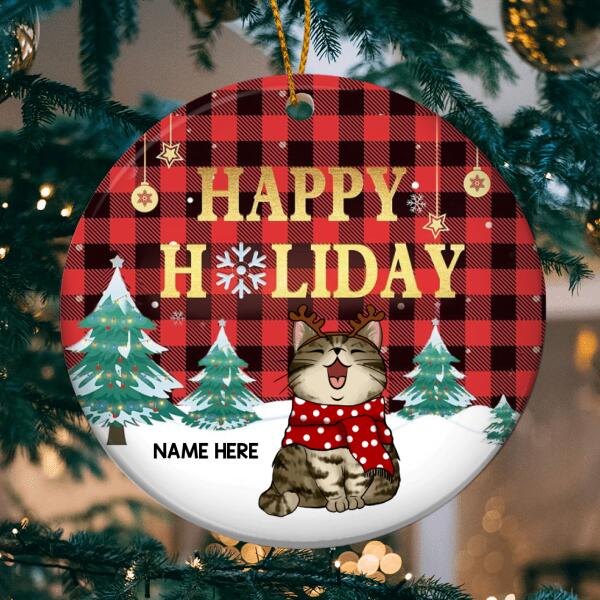 Personalised Happy Holiday Red Plaid Circle Ceramic Ornament - Personalized Cat Lovers Decorative Christmas Ornament