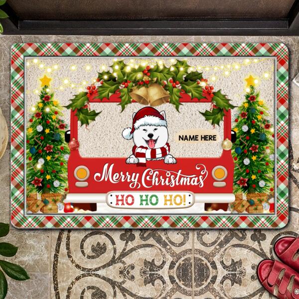 Merry Christmas Ho Ho Ho! - Red Green Plaid Around - Red Truck - Personalized Dog Christmas Doormat