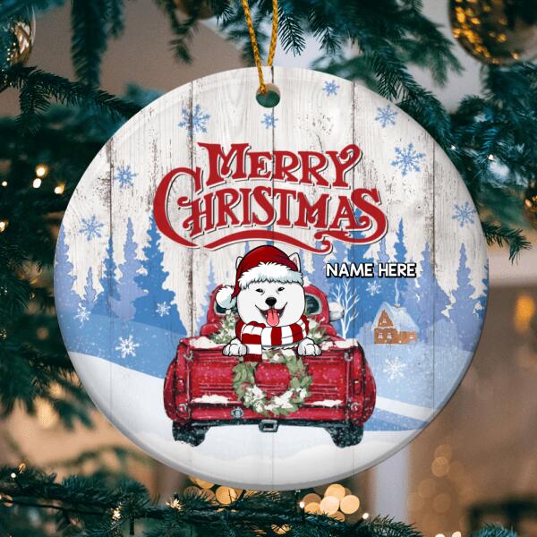 Merry Christmas Blue Tree Red Truck Circle Ceramic Ornament - Personalized Dog Lovers Decorative Christmas Ornament