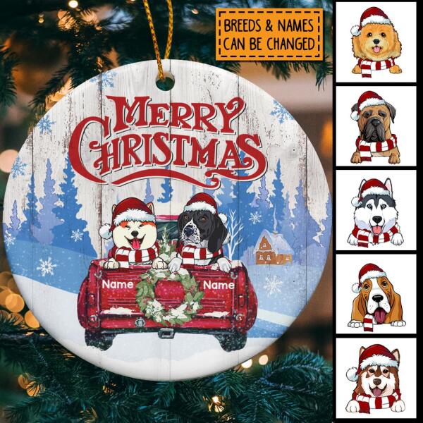 Merry Christmas Blue Tree Red Truck Circle Ceramic Ornament - Personalized Dog Lovers Decorative Christmas Ornament