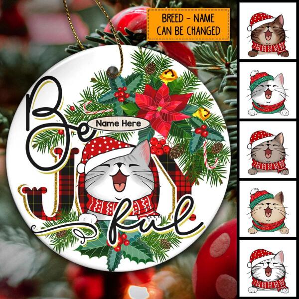 Personalised Be Joyful White Circle Ceramic Ornament - Personalized Cat Lovers Decorative Christmas Ornament