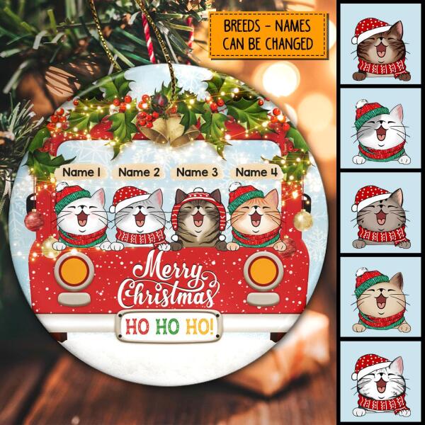 Merry Christmas Ho Ho Ho Red Truck Circle Ceramic Ornament - Personalized Cat Lovers Decorative Christmas Ornament