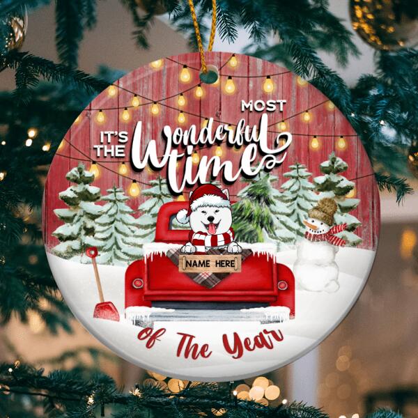 It's The Most Wonderful Time Red Wooden Circle Ceramic Ornament - Personalized Dog Lovers Decorative Christmas Ornament