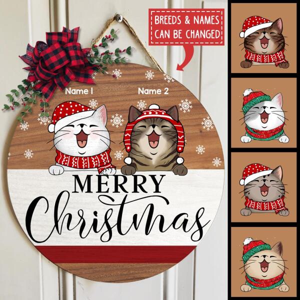 Merry Christmas - Pale Wooden - Personalized Cat Christmas Door Sign