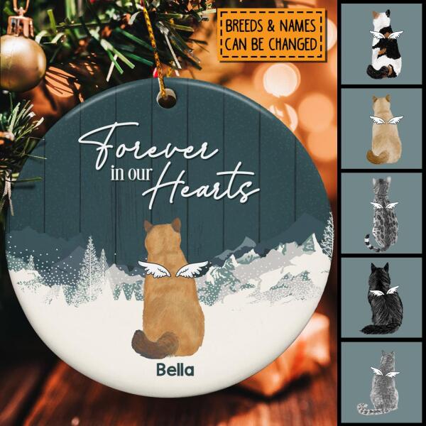 Forever In Our Heart Dark Green Wooden Circle Ceramic Ornament - Personalized Angel Cat Decorative Christmas Ornament
