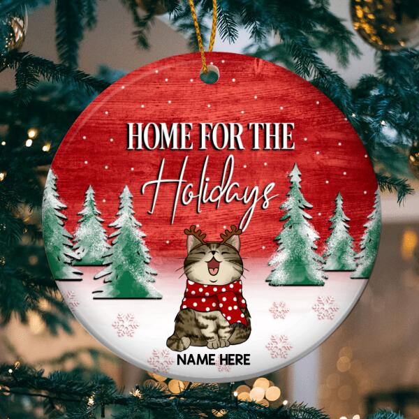 Home For The Holidays Faded Red Wooden Circle Ceramic Ornament - Personalized Cat Lovers Decorative Christmas Ornament