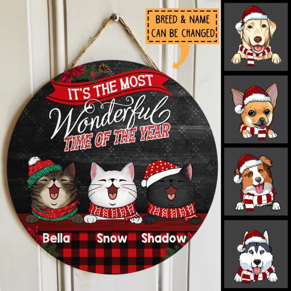 It's The Most Wonderful Time Of The Year - Black Wooden - Red Plaid - Personalized Cat Christmas Door Sign