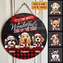 It's The Most Wonderful Time Of The Year - Black Wooden - Red Plaid - Personalized Dog Christmas Door Sign