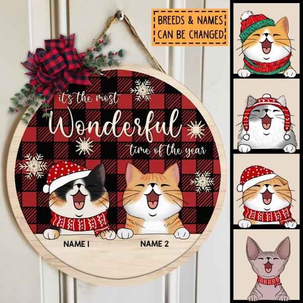 It's The Most Wonderful Time Of The Year - Red Plaid - Wooden Around - Personalized Cat Christmas Door Sign