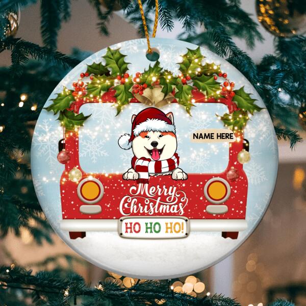 Merry Christmas Ho Ho Ho Red Truck Circle Ceramic Ornament - Personalized Dog Lovers Decorative Christmas Ornament
