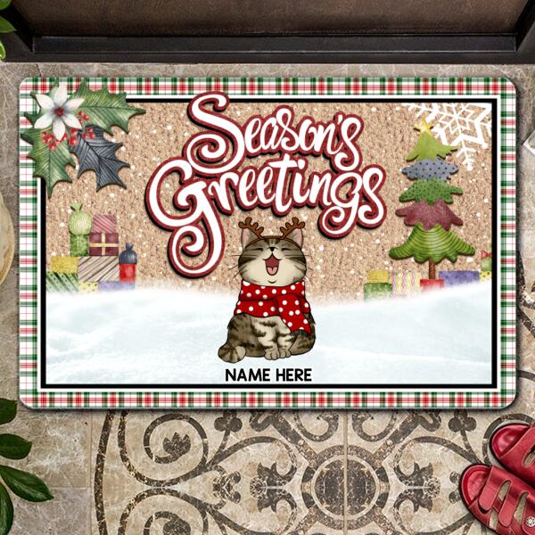 Season's Greetings - Green Red Plaid Around - Personalized Cat Christmas Doormat
