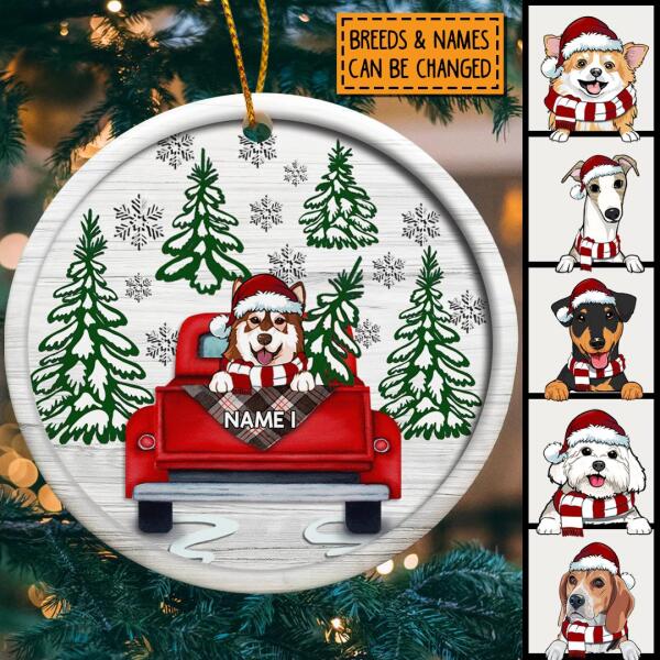 Dog On Red Truck White Wooden Circle Ceramic Ornament - Personalized Dog Lovers Decorative Christmas Ornament