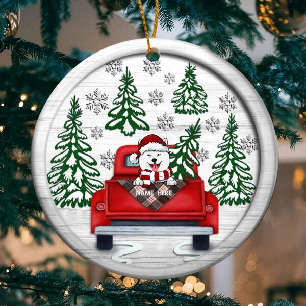 Dog On Red Truck White Wooden Circle Ceramic Ornament - Personalized Dog Lovers Decorative Christmas Ornament
