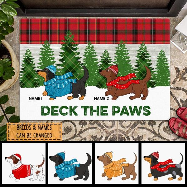 Deck The Paws - Dachshund In Snow - Red Plaid - Personalized Dog Christmas Doormat