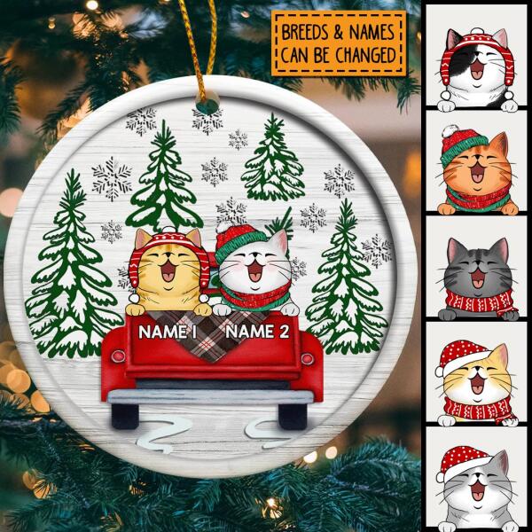 Cat On Red Truck White Wooden Circle Ceramic Ornament - Personalized Cat Lovers Decorative Christmas Ornament