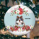 Xmas Cat On Mint Banner White Wooden Circle Ceramic Ornament - Personalized Cat Lovers Decorative Christmas Ornament