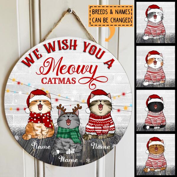 We Wish You A Meowy Catmas - White Brick Wall - Personalized Cat Christmas Door Sign