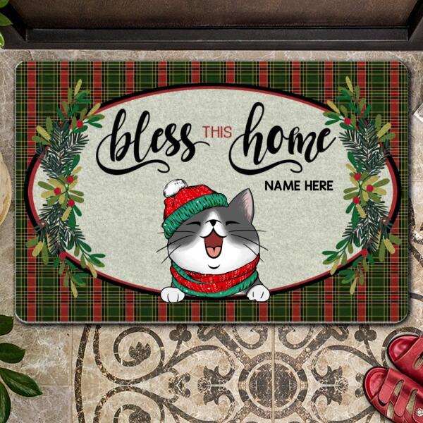 Bless This Home - Green Red Plaid - Personalized Cat Christmas Doormat